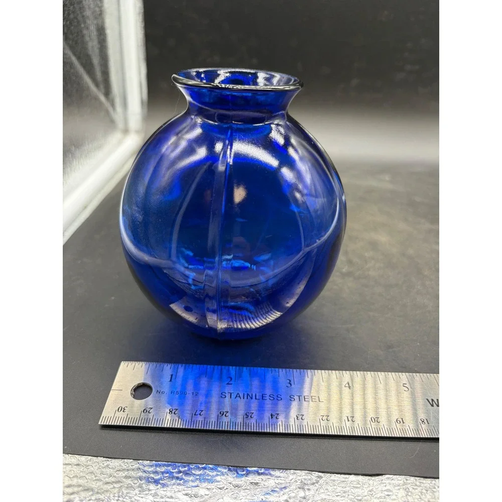 Vintage Cobalt Blue Glass Bud Vases Set of 2 Ribbed Round Optic Art Glass 4.5